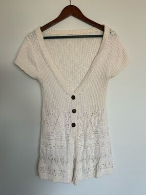 Ivory Knit Cardigan Sweater L 100% Cotton Short Sleeve bohemian cottagecore